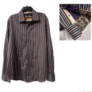 Robert Graham Long Sleeve Flip Cuff Shirt Mens 2XL Blue Purple Stripe Floral